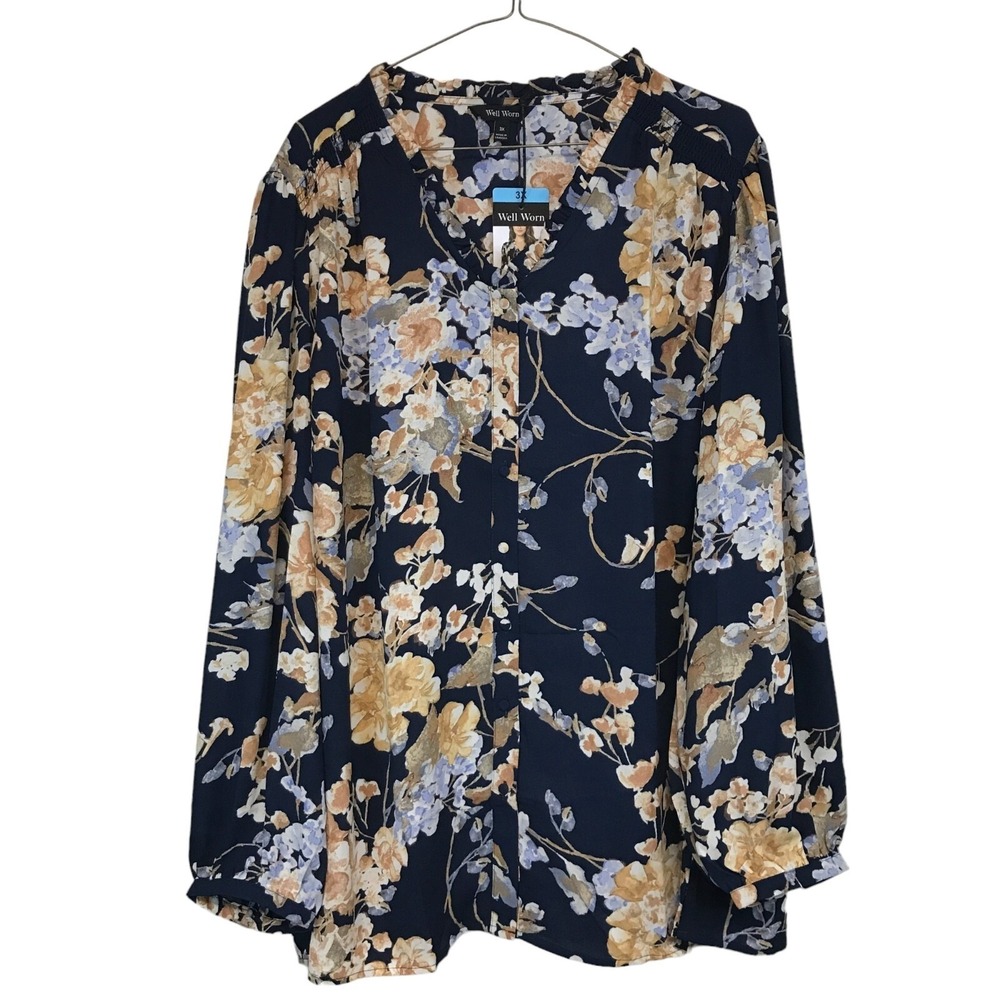 Well Worn Navy Blue Floral Button Down Ruffle Neck Blouse Top 3X NWT